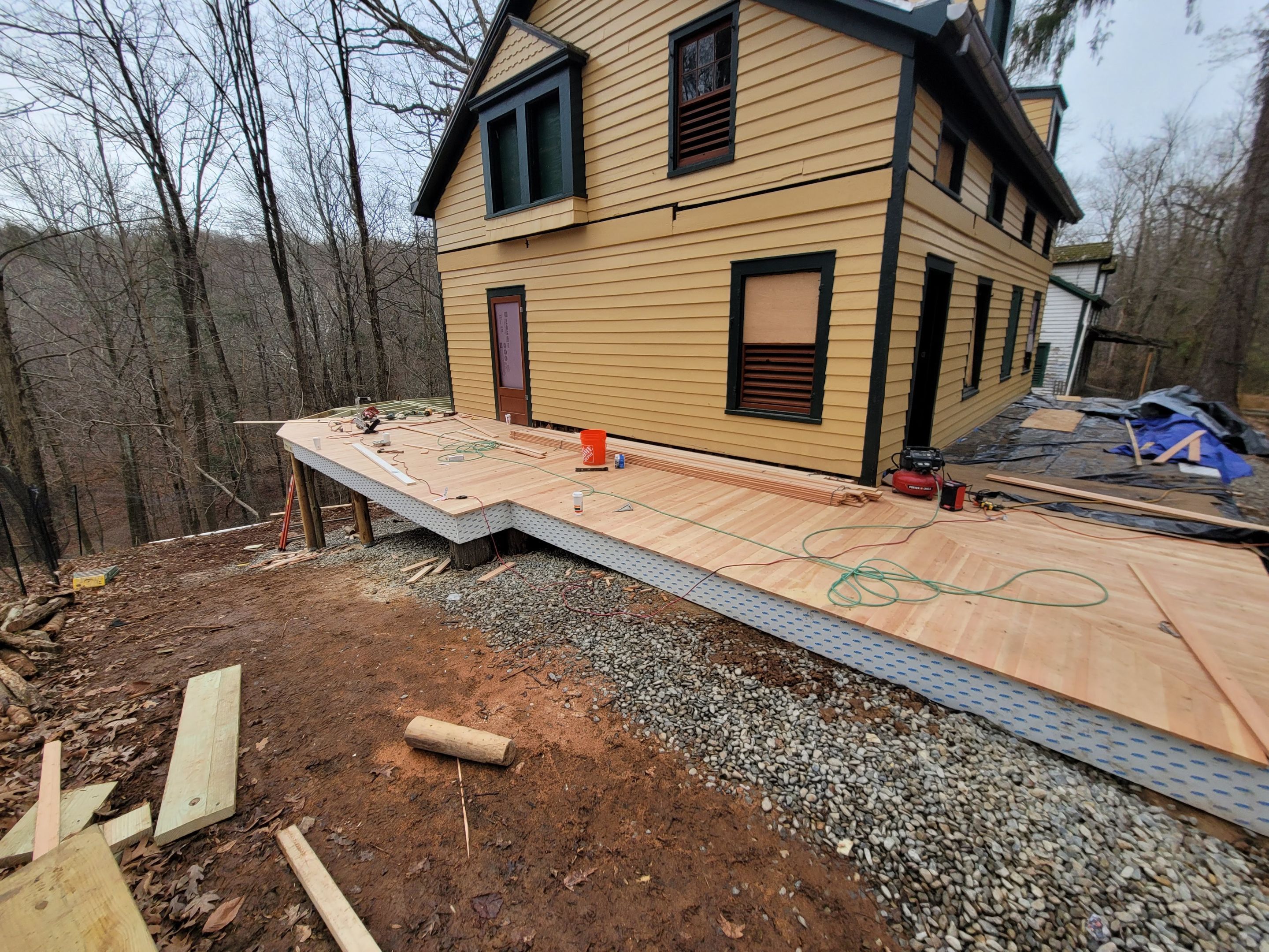 Deck framing and sheathing work in progress
