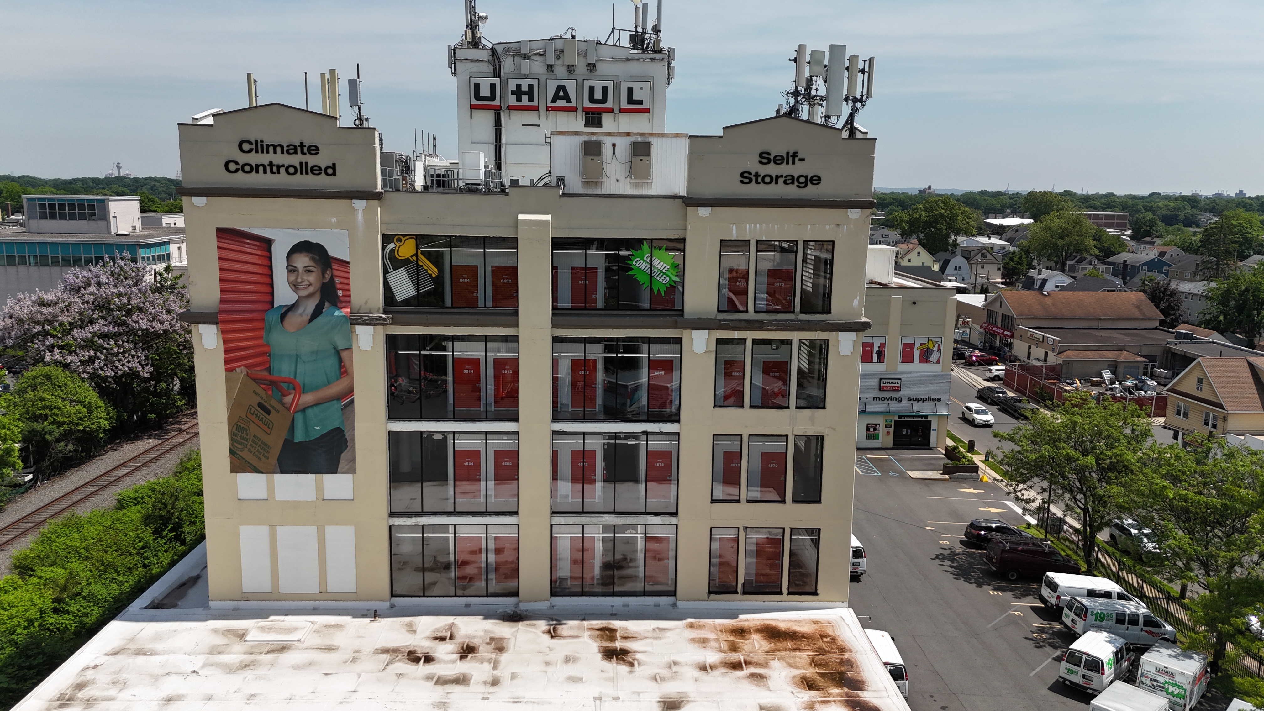 Drone facade inspection documentation on a commercial building