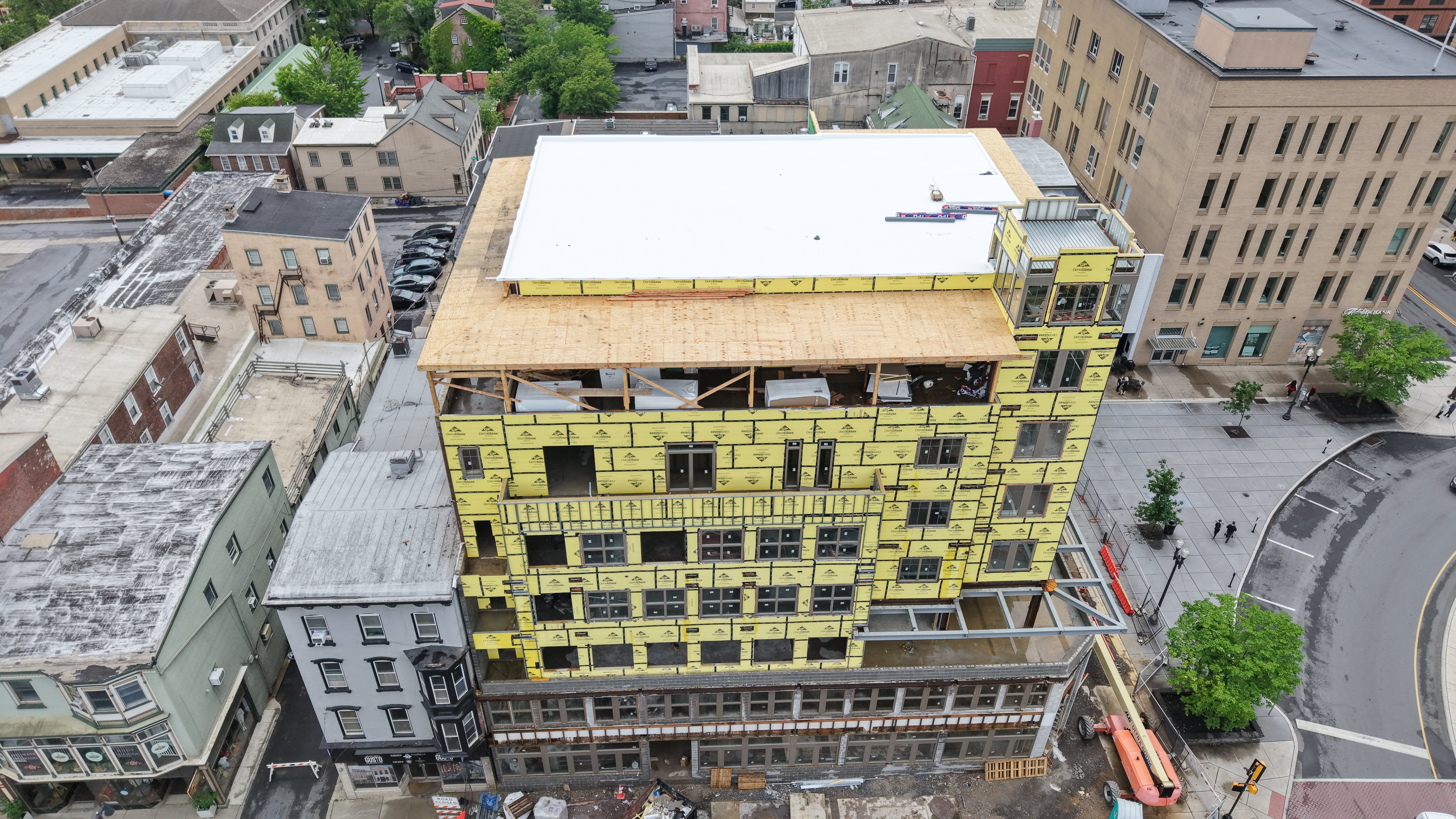 Aerial construction documentation of active building restoration