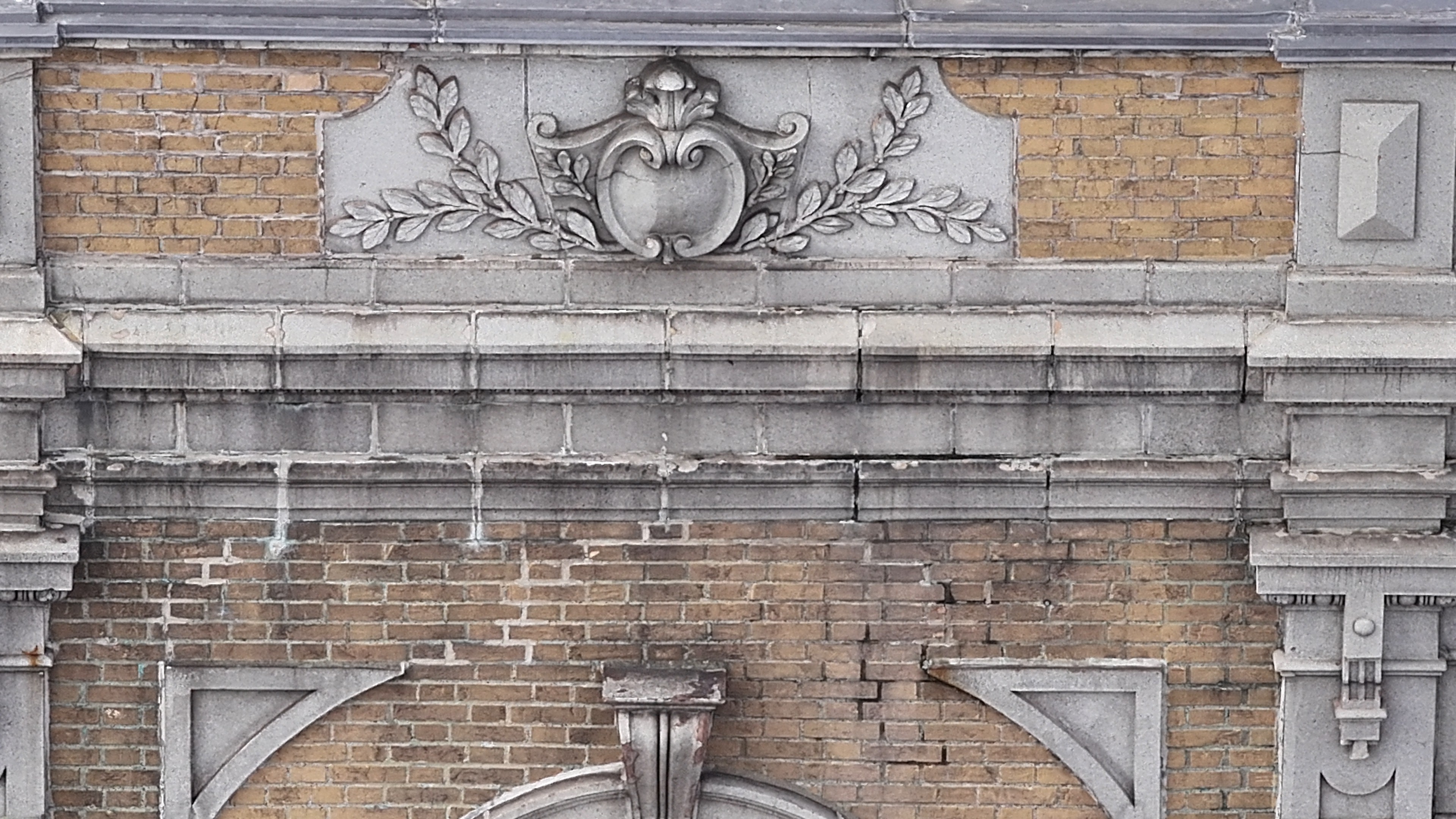 Close drone documentation of ornate historic facade detail