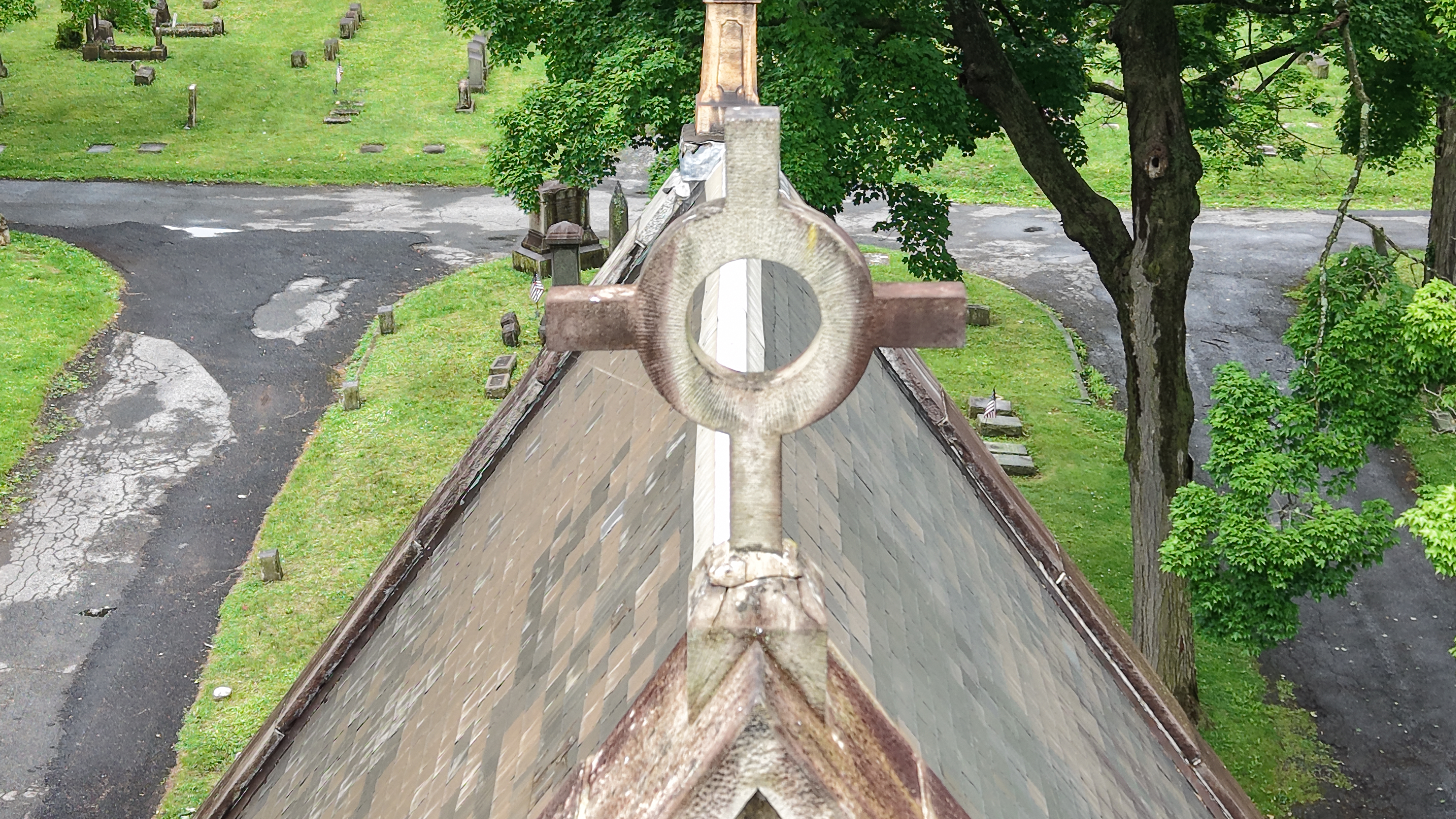 Historic steeple and roof detail from drone