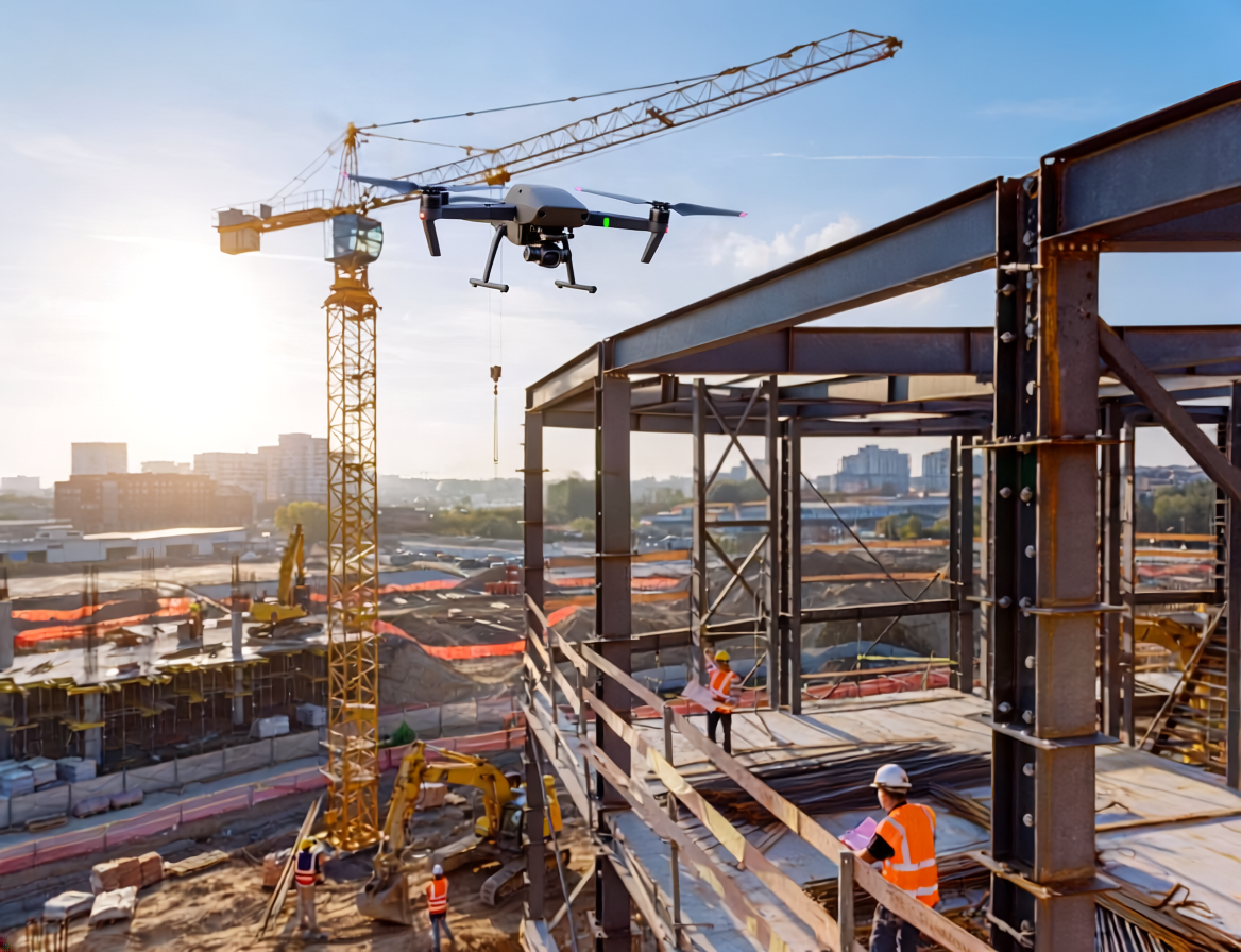 Drone mapping active construction site with data capture overlay