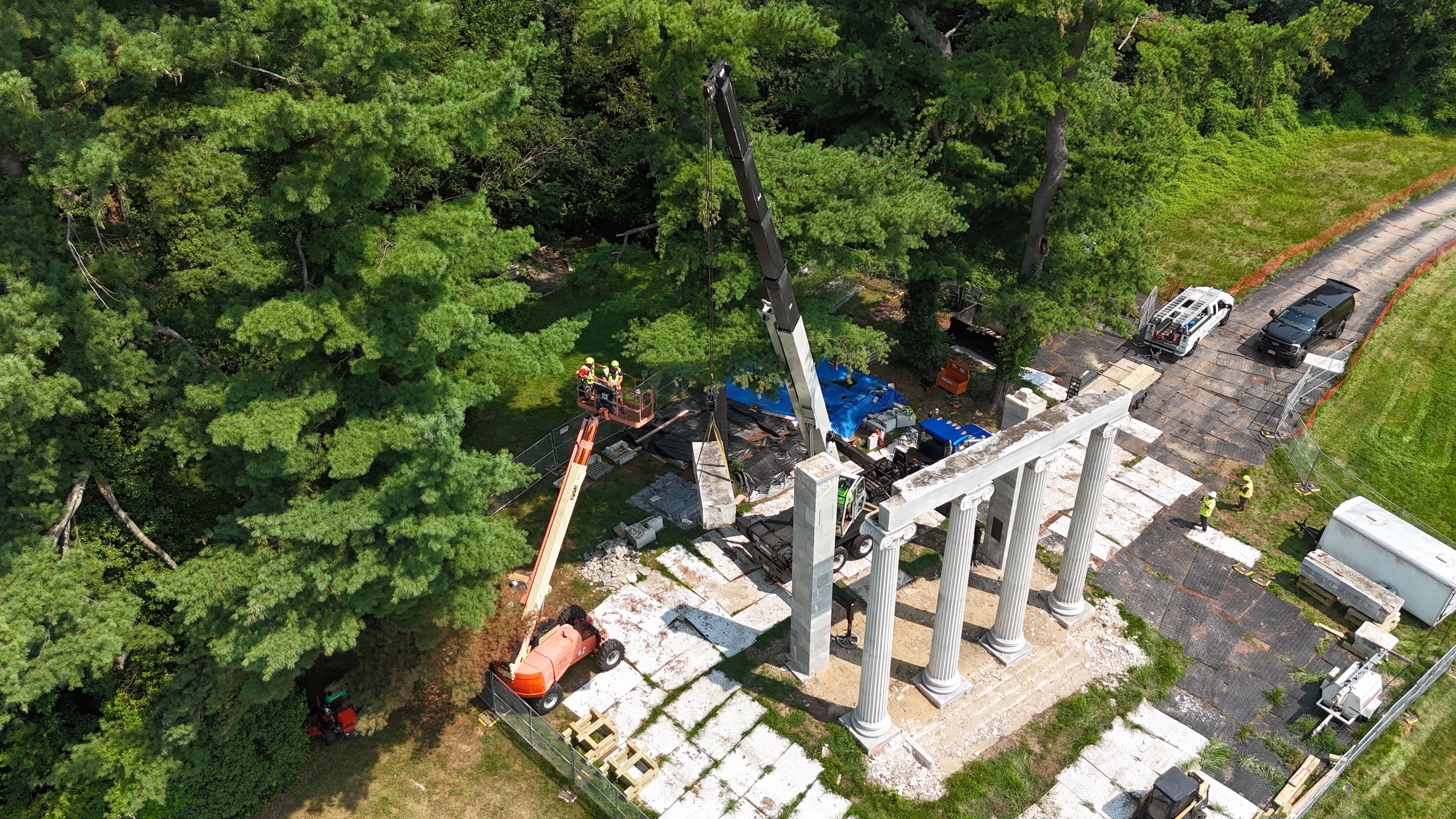 Aerial view of exterior restoration work in progress