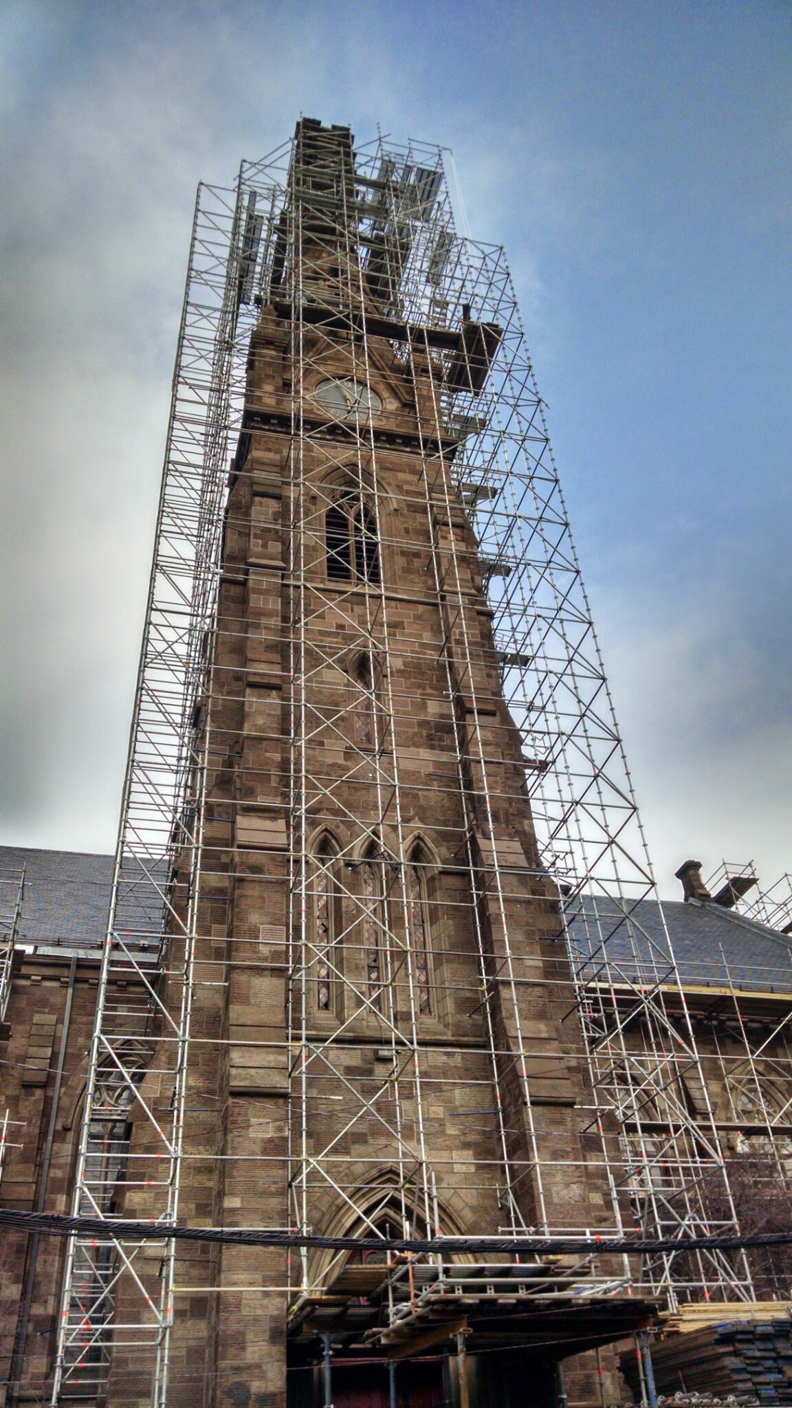 Scaffolded historic steeple restoration